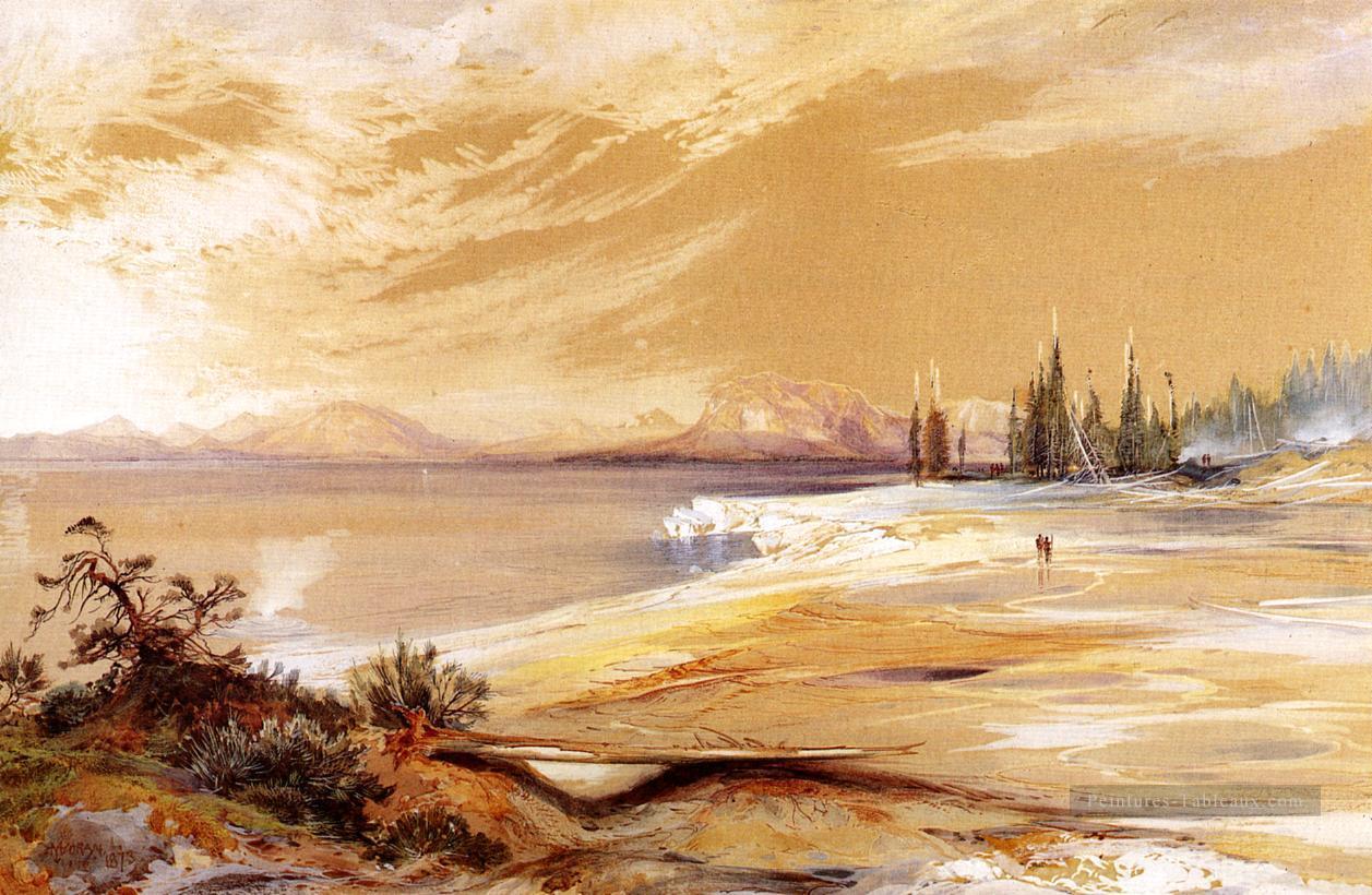 Sources chaudes sur la rive du lac Yellowstone Rocheuses école Thomas Moran Peintures à l'huile